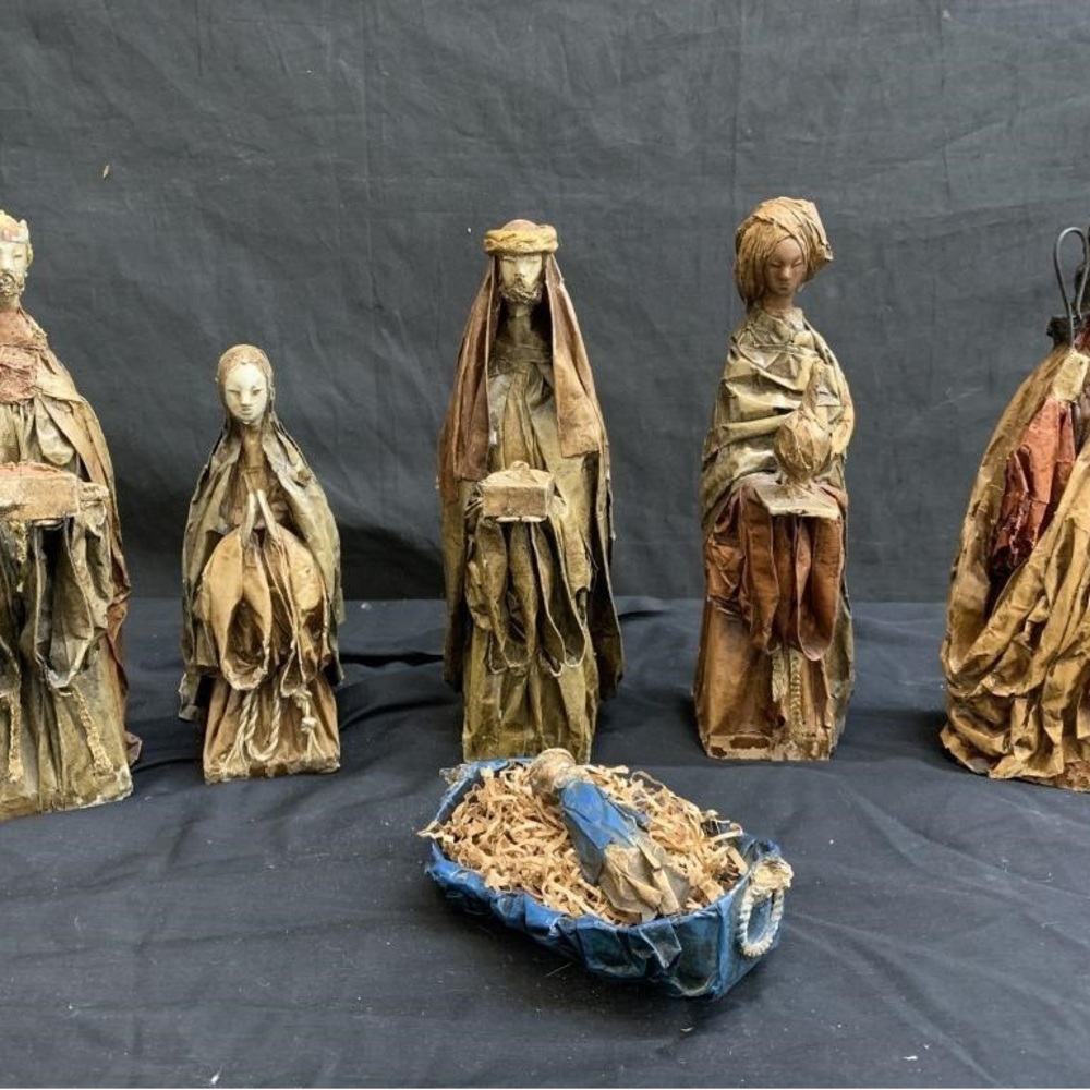 Vintage Christmas Nativity Set Paper Mache Religious Figures 11” Wood Base Jesus